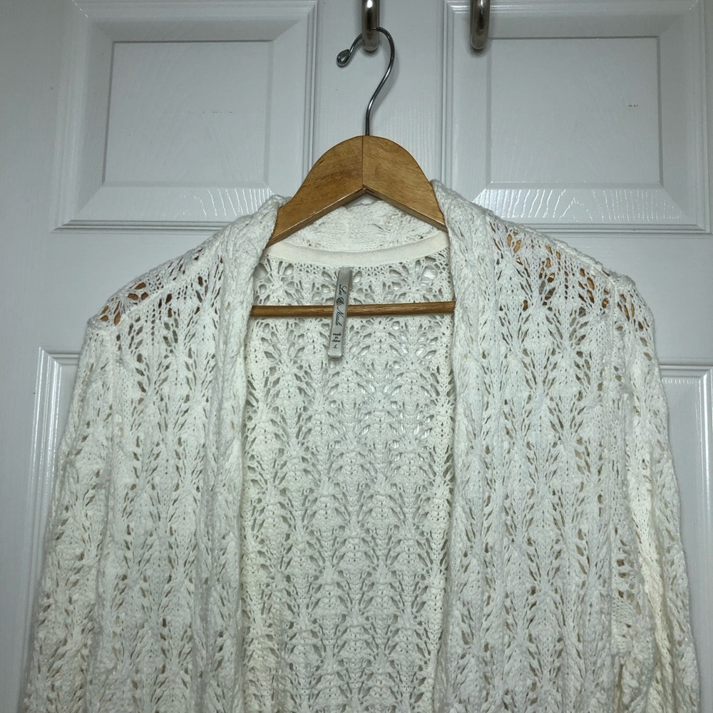 Leo & Nicole Light Ivory knit Pointelle Open Cardigan for Women Size L - Picture 4 of 14